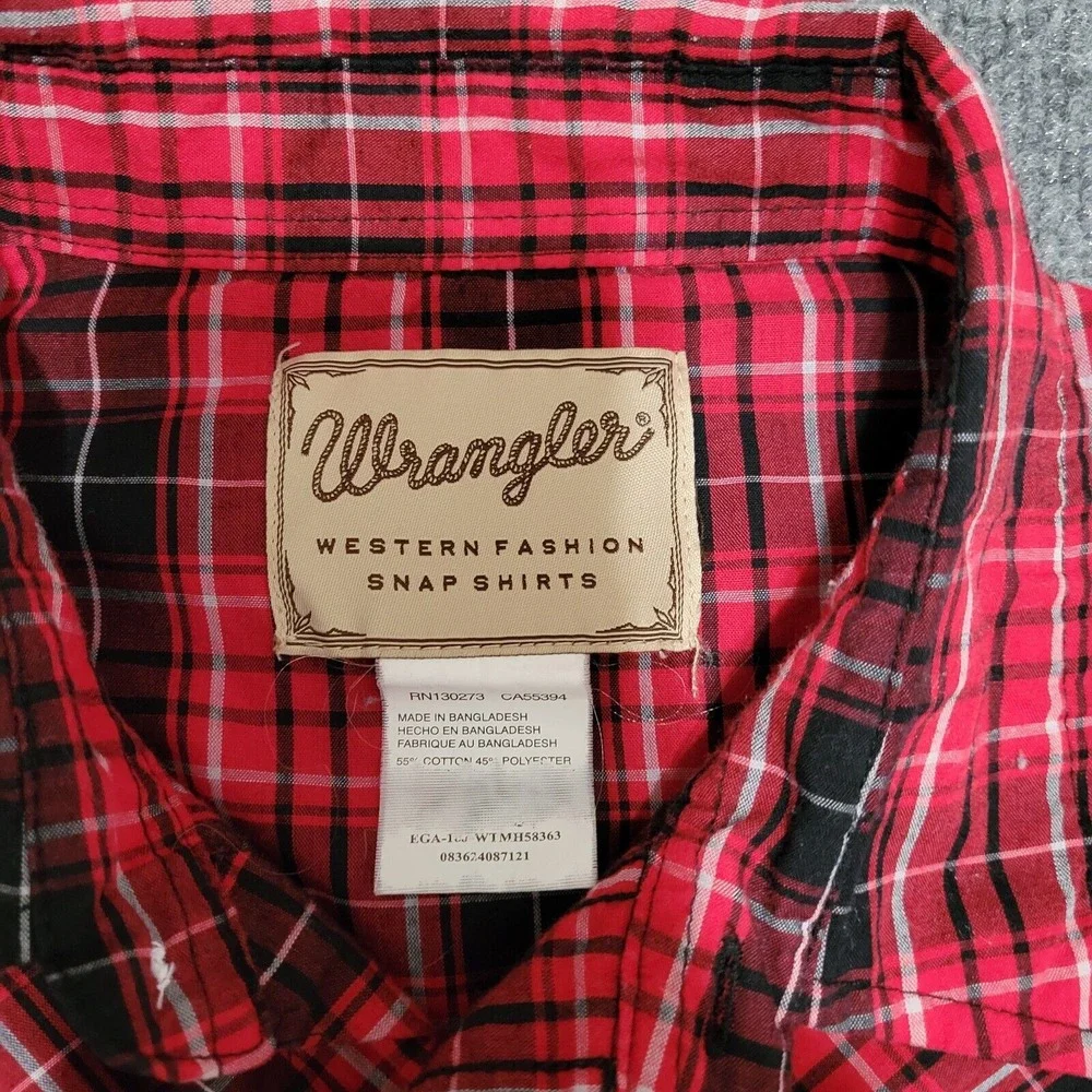 Wrangler Shirt Mens XL Pearl Snap Red Plaid Double Sawtooth Pocket Rodeo Western